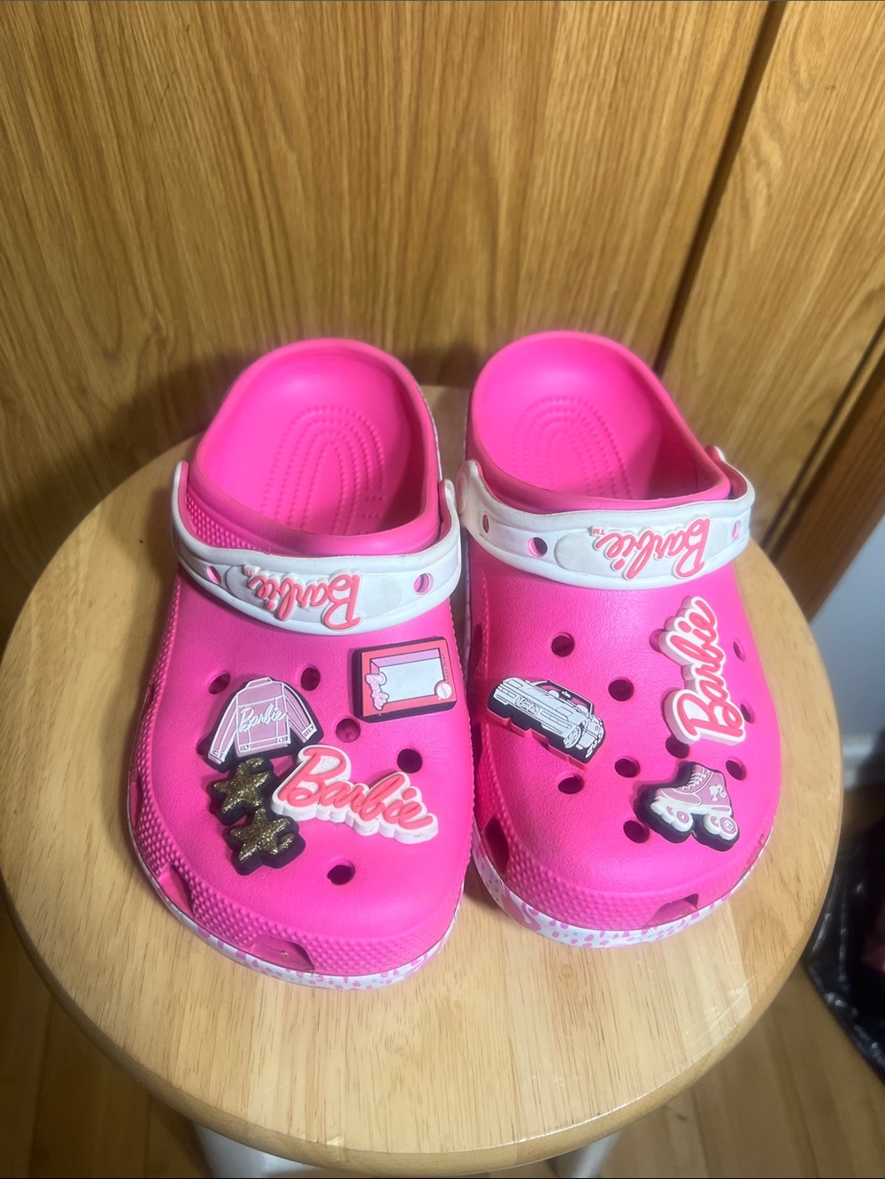 CROCS Hot Pink Sandal Clogs with White Heel Strap and Barbie Charms